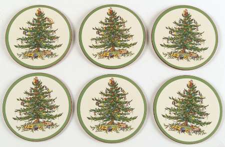 Christmas Tree Plastic and Cork Coaster Set - 6 Piece