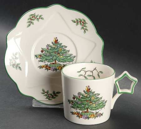 Christmas Tree Star Handle Flat Cup & Saucer Set