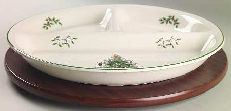 Christmas Tree 2pc Lazy Susan (3 Part Server & Wood Base)