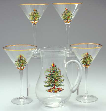 Christmas Tree (5 Pc) Glass Martini Set-4 Martinis &44 Oz Pitcher