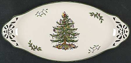 Christmas Tree 15" Oval Pierced Handled Serving Platter