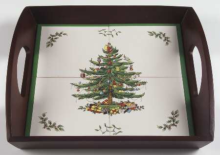 Christmas Tree Square Wood Frame Tea Tray with Tile Insert