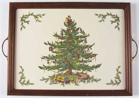 Christmas Tree 18" Rectangular Handled Wood Cork Back Tray