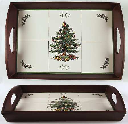 Christmas Tree Rectangular Wood Tray with Tile Insert