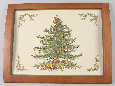 Christmas Tree 17" Rectangular Handled Wood Cork Back Tray