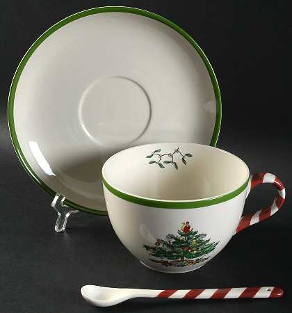 Christmas Tree Jumbo Cup & Saucer Set w/Spoon