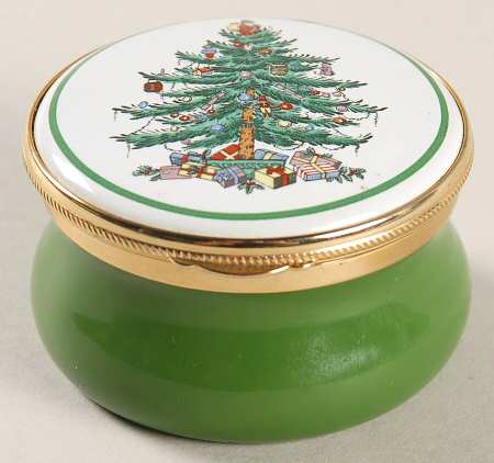 Christmas Tree 2" Round Enamel Box W/Hinged Lid