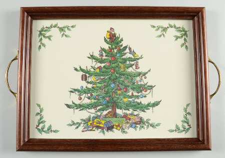 Christmas Tree 14" Rectangular Handled Wood Cork Back Tray