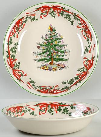 Christmas Tree 9" Red Ribbon Round Shallow Bowl