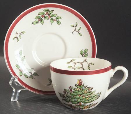 Christmas Tree (Thick Red Wine Trim) Flat Cup & Saucer Set