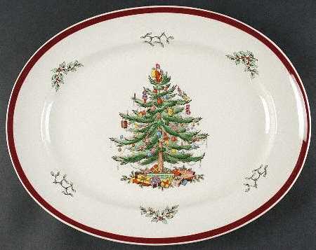 Christmas Tree (Thick Red Wine Trim) 15" Oval Serving Platter