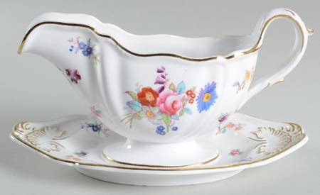 Dresden Rose (R2241, Scalloped, Gold) Gravy Boat with Attached Underplate