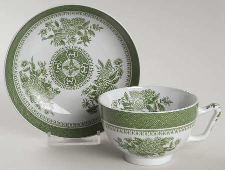 Fitzhugh Green Canton Shape Footed Cup & Saucer Set