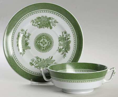 Fitzhugh Green Footed Cream Soup Bowl & Saucer Set