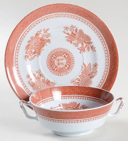 Fitzhugh Red Footed Cream Soup Bowl & Saucer Set