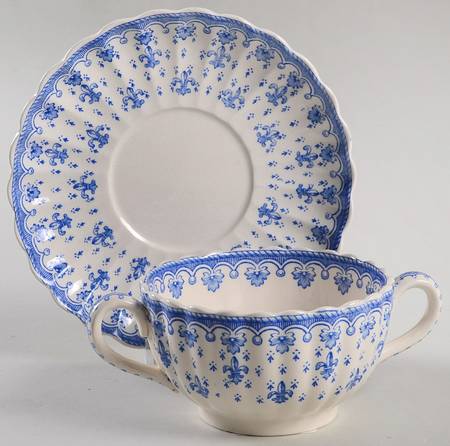 Fleur de Lys Blue (Earthenware, No Trim) Flat Bouillon Cup & Saucer