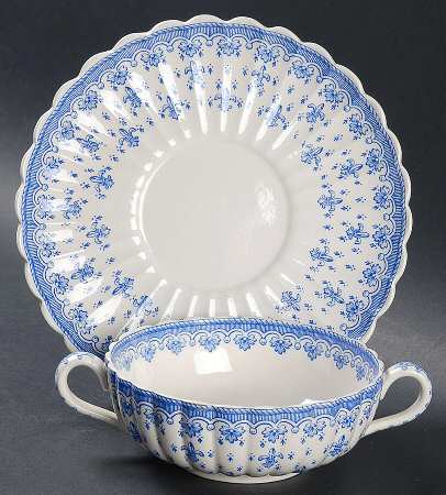Fleur de Lys Blue (Earthenware, No Trim) Flat Cream Soup Bowl & Saucer Set