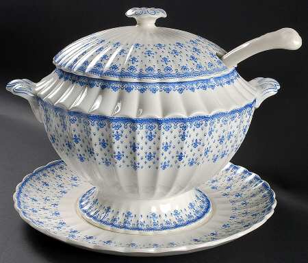 Fleur de Lys Blue (Earthenware, No Trim) Tureen & Lid w/Ladle & Underplate