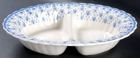 Fleur de Lys Blue (Earthenware, No Trim) 11" Oval Divided Vegetable Bowl