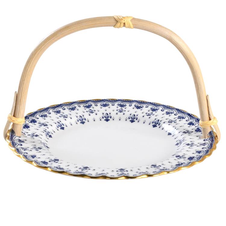 Fleur de Lys Blue (Bone, Gold Trim) 5 3/8"-5 5/8" Bamboo Handled Serving Plate  HC