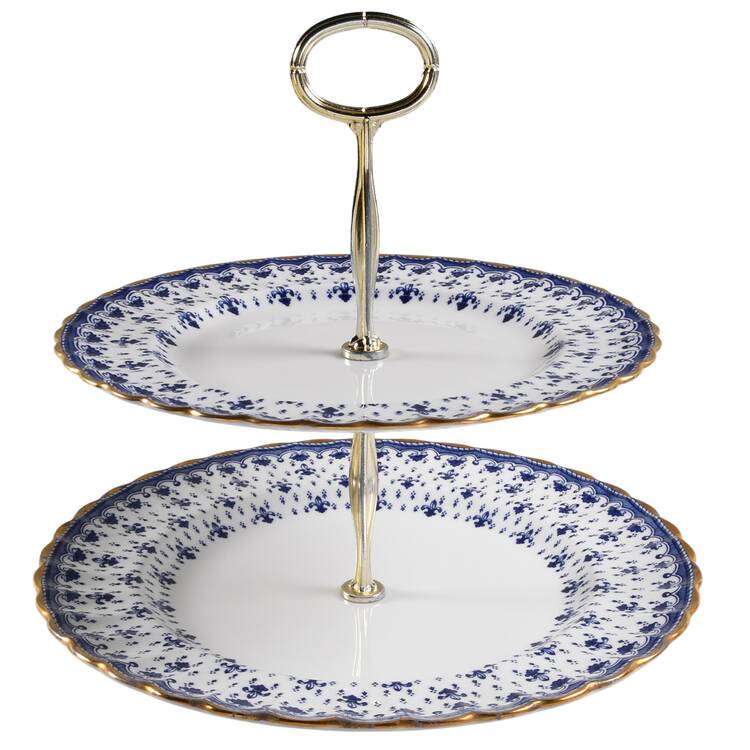 Fleur de Lys Blue (Bone, Gold Trim) 6 5/8"-10"  2 Tiered Serving Tray (Dp, Sp) HC