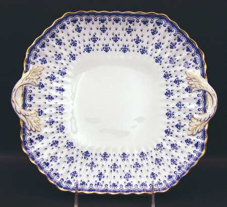 Fleur de Lys Blue (Bone, Gold Trim) Square Handled Cake Plate