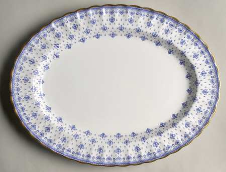 Fleur de Lys Blue (Bone, Gold Trim) 14" Oval Serving Platter