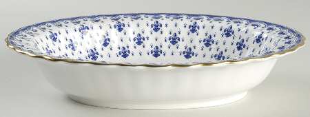 Fleur de Lys Blue (Bone, Gold Trim) 9" Oval Vegetable Bowl