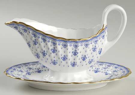 Fleur de Lys Blue (Bone, Gold Trim) Gravy Boat with Attached Underplate