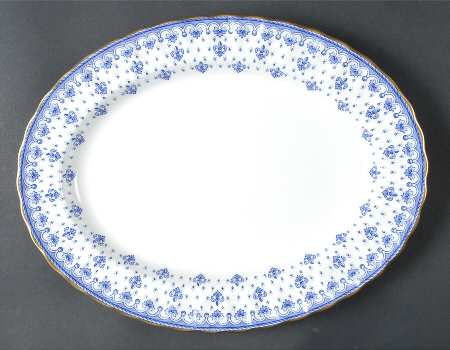Fleur de Lys Blue (Bone, Gold Trim) 12" Oval Serving Platter