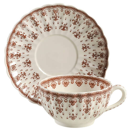Fleur de Lys Brown (Earthenware, No Trim) Flat Cup & Saucer Set