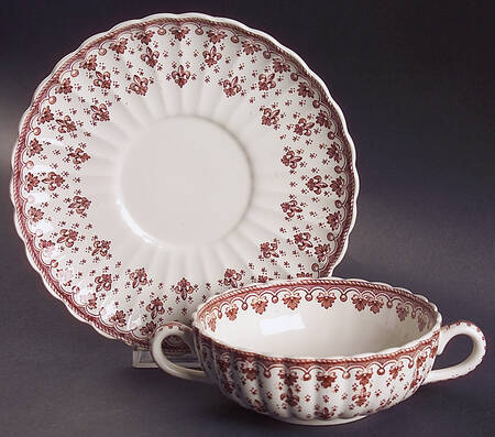 Fleur de Lys Brown (Earthenware, No Trim) Flat Cream Soup Bowl & Saucer Set