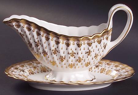 Fleur de Lys Gold (Bone, Gold Trim) Gravy Boat with Attached Underplate