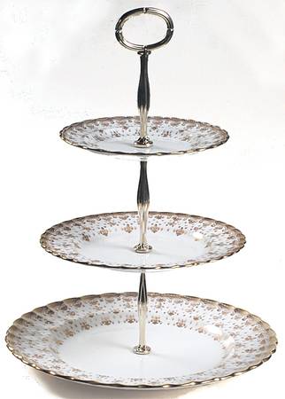 Fleur de Lys Gold (Bone, Gold Trim) 13 7/8"-14 1/4" 3-Tiered Serving Tray(DP,SP,BB) HC