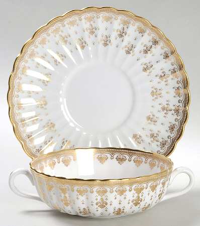 Fleur de Lys Gold (Bone, Gold Trim) Flat Cream Soup Bowl & Saucer Set
