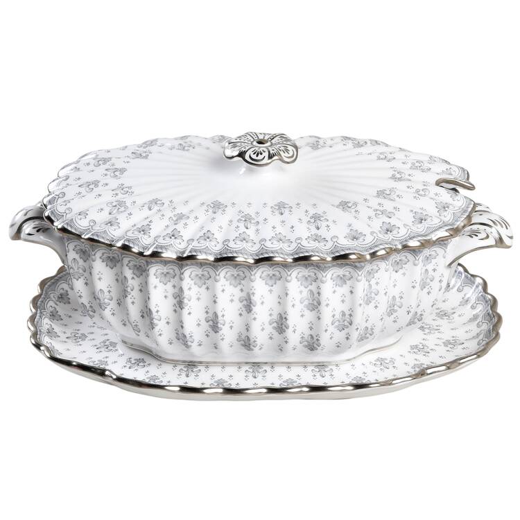 Fleur de Lys Grey (Bone, Platinum Trim) Sauce Boat & Lid with Underplate