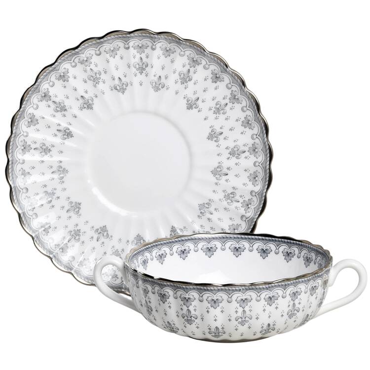 Fleur de Lys Grey (Bone, Platinum Trim) Flat Cream Soup Bowl & Saucer Set