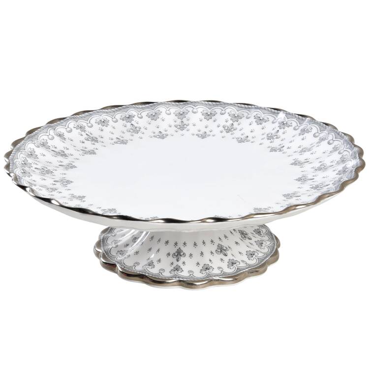 Fleur de Lys Grey (Bone, Platinum Trim) 8" Diameter Pedestal Cake Stand