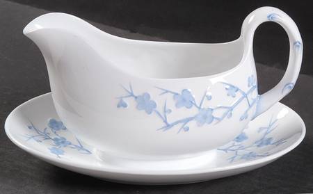 Geisha Light Blue (No Gold Accents) Gravy Boat with Attached Underplate