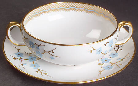 Geisha Light Blue (Gold Accents) Flat Cream Soup Bowl & Saucer Set