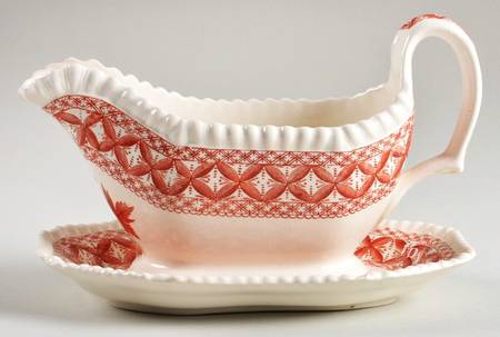Geranium Red Gravy Boat with Attached Underplate