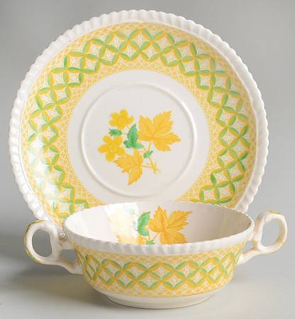 Geranium Yellow Green Flat Cream Soup Bowl & Saucer Set