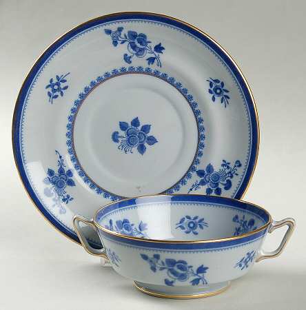 Gloucester Blue (Gold Trim and Verge) Footed Cream Soup Bowl & Saucer Set