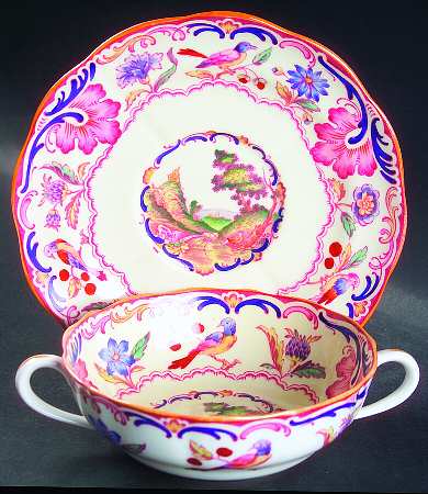 Gobelin (Scalloped, Yellow Trim) Flat Cream Soup Bowl & Saucer Set