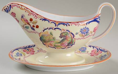 Gobelin (Scalloped, Yellow Trim) Gravy Boat with Attached Underplate