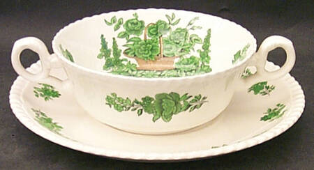 Green Basket (Earthenware, Gadroon, Not Trim) Flat Cream Soup Bowl & Saucer Set
