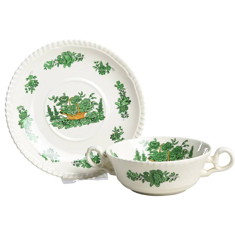 Green Basket (Earthenware, Gadroon, Not Trim) Flat Cream Soup Bowl & Saucer Set