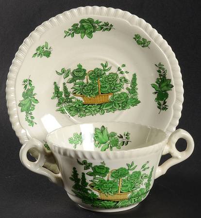 Green Basket (Earthenware, Gadroon, Not Trim) Flat Bouillon Cup & Saucer
