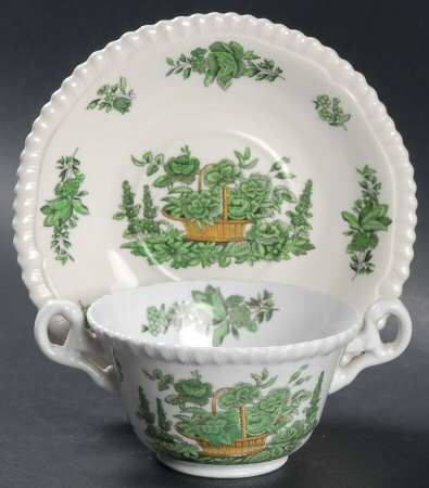 Green Basket (Bone, Gadroon, No Trim) Footed Bouillon Cup & Saucer