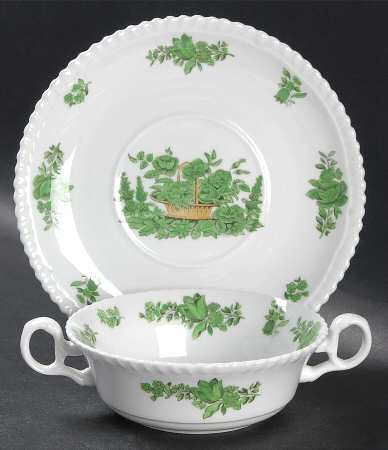 Green Basket (Bone, Gadroon, No Trim) Flat Cream Soup Bowl & Saucer Set